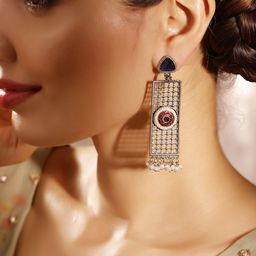 Priyaasi Silver Plated Artificial Stones and Beads Studded Contemporary Drop Earrings-11