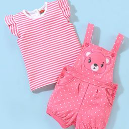 Babyhug Cotton Dungaree With Half Sleeves Inner Tee Striped & Bear PatchWork - Pink-image-51