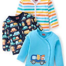 Babyhug 100% Cotton Full Sleeves Vest With Bus & Dino Print Pack of 3 - Navy Blue & White-image-29