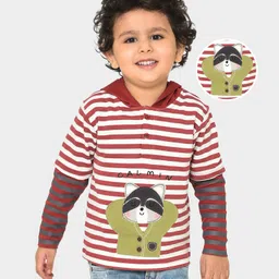 Mi Arcus 100% Cotton Full Sleeves Striped Designed Animal Embroidered Hooded Tee -  Red-picture-8