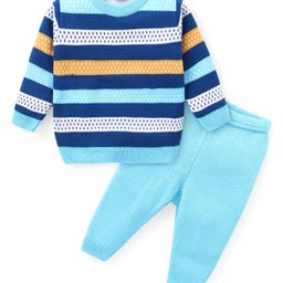 Babyhug Knitted Full Sleeves Sweater Set With Stripes - Blue-image-124