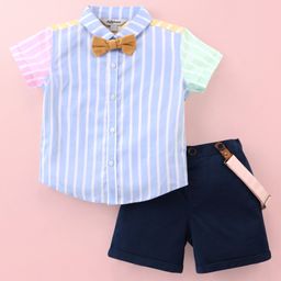 ToffyHouse 100% Cotton Half Sleeves Striped Shirt & Shorts Set with Suspenders & Bow - Multicolor-picture-28