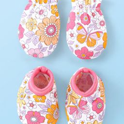 Babyhug 100% Cotton Mittens & Booties Floral Print - Multicolour-image-69