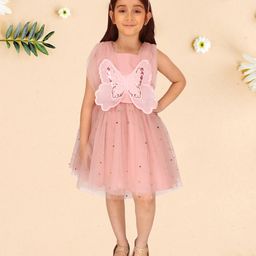 Cutecumber Sleeveless Butterfly Applique Detailed  Shimmer Embellished Dress With Hairband  - Peach-image-4