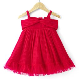 Babyhug Sleeveless Pleated Mesh A Liner Party Frock with Frill Detailing Solid Colour - Red-image-9