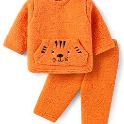 Babyhug Woven Full Sleeves Fur Winter Wear T-Shirt & Joggers Set with Bear Embroidery & Kangaroo Pockets -Orange-image-64
