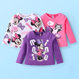 Babyhug Disney Single Jersey Knit Full Sleeves T-Shirts with Minnie Mouse Graphics Pack of 3 - White Purple & Pink-image-37