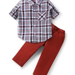 Babyhug Cotton Woven Full Sleeves Checkered Shirt and Trouser Set - Black White & Dark Red-image-77