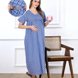 Bella Mama Cotton Woven Half Sleeves Floral Printed Maternity Nursing Nighty - Royal Blue-picture-21