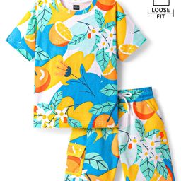 Ollington St. Cotton Floral Printed Co-Ord Set Of Half Sleeves T-Shirt & Shorts -Multicolor-image-94