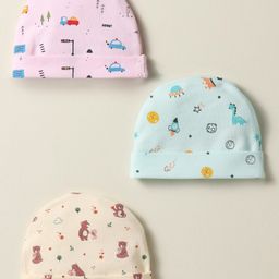 Simply Interlock Knit Baby Caps with Cars Animal & Rocket Print Pack of 3 Pink Light Blue Pink & Cream - Diameter 17 cm-18