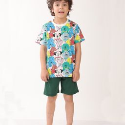 Anthrilo Cotton Knit Half Sleeves Dogs Printed Coordinating Tee & Shorts Set - White & Green-image-60