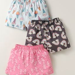 CUCUMBER Sinker Knit Above Knee Length Shorts With Rainbow & Bow Print Pack of 3 - Light Blue & Pink-image-84