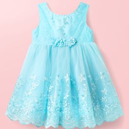 Babyhug Woven Sleeveless Party Dress With Floral Embroidery & Corsage - Aqua Blue-picture-7