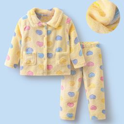Mark & Mia Full Sleeves Co-ords Fur Winter Wear Night Suit with Heart Design - Yellow-picture-19