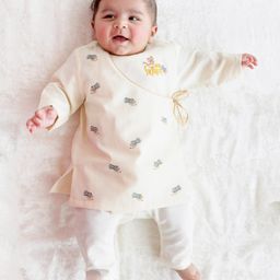 Tiber Taber 100% Cotton Full Sleeves Om Namah Shivay Text & Damru Embroidered Kurta Pyjama Set - Cream-image-1