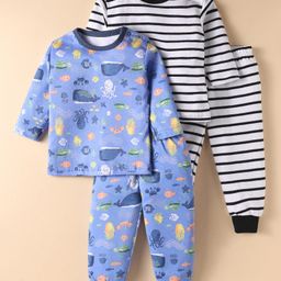 Kidi Wav Pack Of 2 Full Sleeves Striped & Sea Life Printed Tees & Coordinating Joggers Set - Multi Colour-image-63