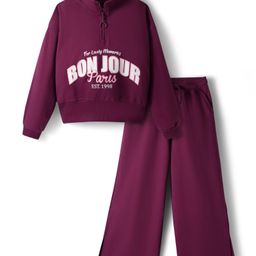 Pine Kids Looper Knit Full Sleeves High Neck Winter Wear Suit Set With Bonjour Text Print - Wine-picture-7