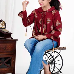 DMP FASHION Floral Print Tie-Up Neck Blouson Top-picture-57
