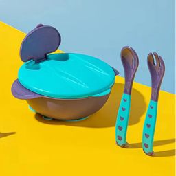 COMERCIO Baby Feeding Bowl with Lid, Spoon & Fork Set, for Feeding & Weaning, Feeding Practice Bowl - Color May Vary image 2
