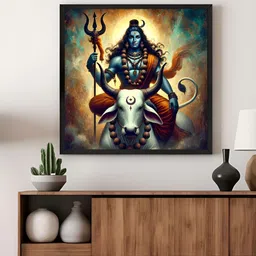 999Store Orange & Blue Shiva With Nandi Religious Canvas Wall Art-image-80