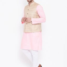 VASTRAMAY Men Pink & White Solid Kurta Set with Nehru Jacket image 5