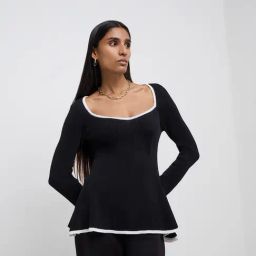 Wardrobe by Westside Black Ribbed Textured Flared Top-image-99