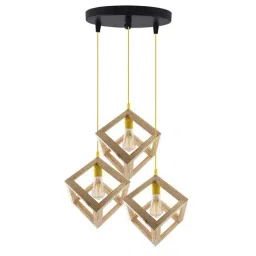 Homesake 3-Lights Round Cluster Beige Wooden Modern Nordic Cube Hanging Light  (Bulb not included)-5