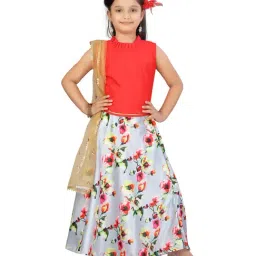 Aarika Kids Red & Grey Floral Print Lehenga, Choli with Dupatta-21