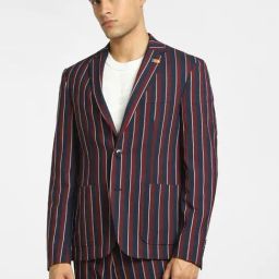 Jack & Jones Maroon & Blue Slim Fit Striped Blazers-image-73