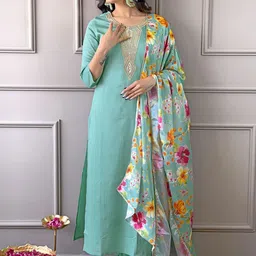 S.K.C Women Ethnic Motifs Embroidered Regular Thread Work Kurti with Trousers & Dupatta-picture-22
