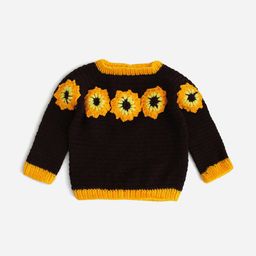 Woonie Infant Girls Coffee Brown & Yellow Floral Handmade Pullover-2