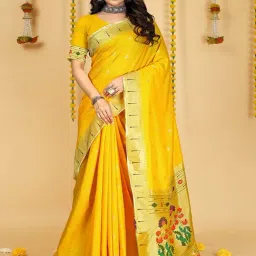 SHUBHKALA Yellow Silk Woven Saree With Unstitched Blouse-image-88