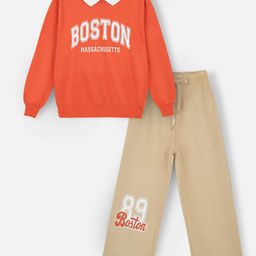 Nap Chief Girls Typographic Printed Polo Collar Pure Cotton Sweatshirt With Trousers-image-19