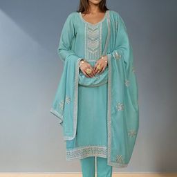 KALINI Women Ethnic Motifs Embroidered Regular Mukaish Kurta with Trousers & With Dupatta-picture-47