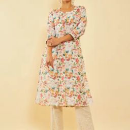 Soch White Floral Printed Mandarin Collar Straight Kurta-image-3