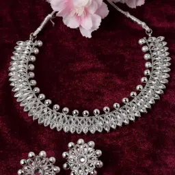 Zeneme Rhodium Plated AD Pearl Studded Necklace and Earrings Jewellery Set-image-98