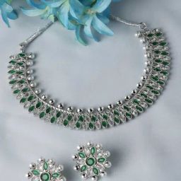 Zeneme Rhodium Plated AD Pearl Studded Necklace and Earrings Jewellery Set-14