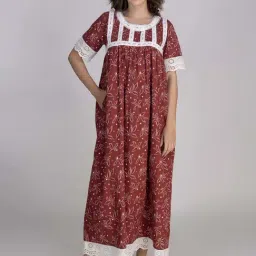Moomaya Maroon Printed Night Gown-image-82