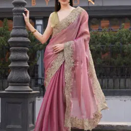Tikhi Imli Pink Embroidered Saree with Unstitched Blouse-image-50
