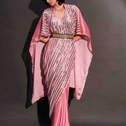 Tikhi Imli Pink Embellished Kaftan Saree and Belt with Unstitched Blouse-picture-18