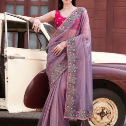 Tikhi Imli Purple Embroidered Saree with Unstitched Blouse-picture-30