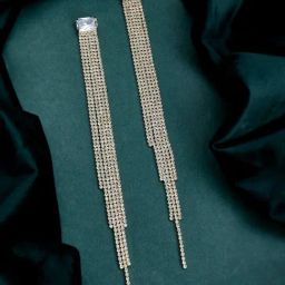 Voylla Gold Timeless Sparkle Glam Flow Long Rhinestone Drop Earrings-picture-36