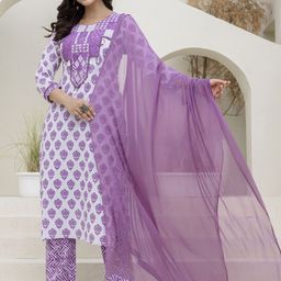EthniFlair Women Floral Printed Cotton Kurta with Trousers & Dupatta-picture-14