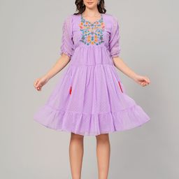 OH MI DIOS Ethnic Motifs Embroidered Puff Sleeves Tiered Fit & Flare Dress-image-87