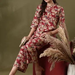 Anouk Red Floral Printed Mandarin Collar Tunic & Palazzo-picture-9