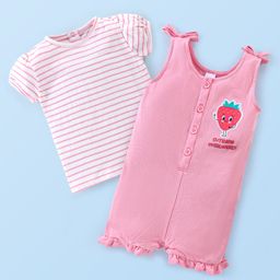 Babyhug 100% Cotton Knit Dungaree with Half Sleeves Striped Tee Strawberry Applique - Pink-image-91