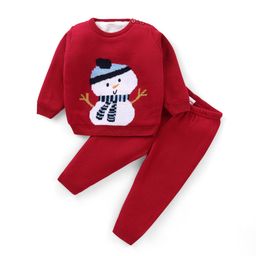 Babyhug 100%  Acrylic Full Sleeves Sweater Set With Snow Man Design - Red-image-2