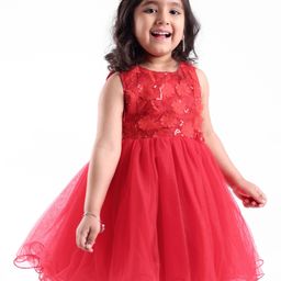 Babyhug Sleeveless Mesh Frock with Sequin Detailing - Red-image-80