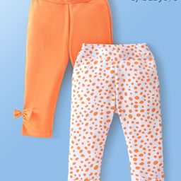 Babyoye Eco Conscious 100% Cotton Knit Leggings Solid & Leopard Print Pack of 2 - Orange & White-image-82
